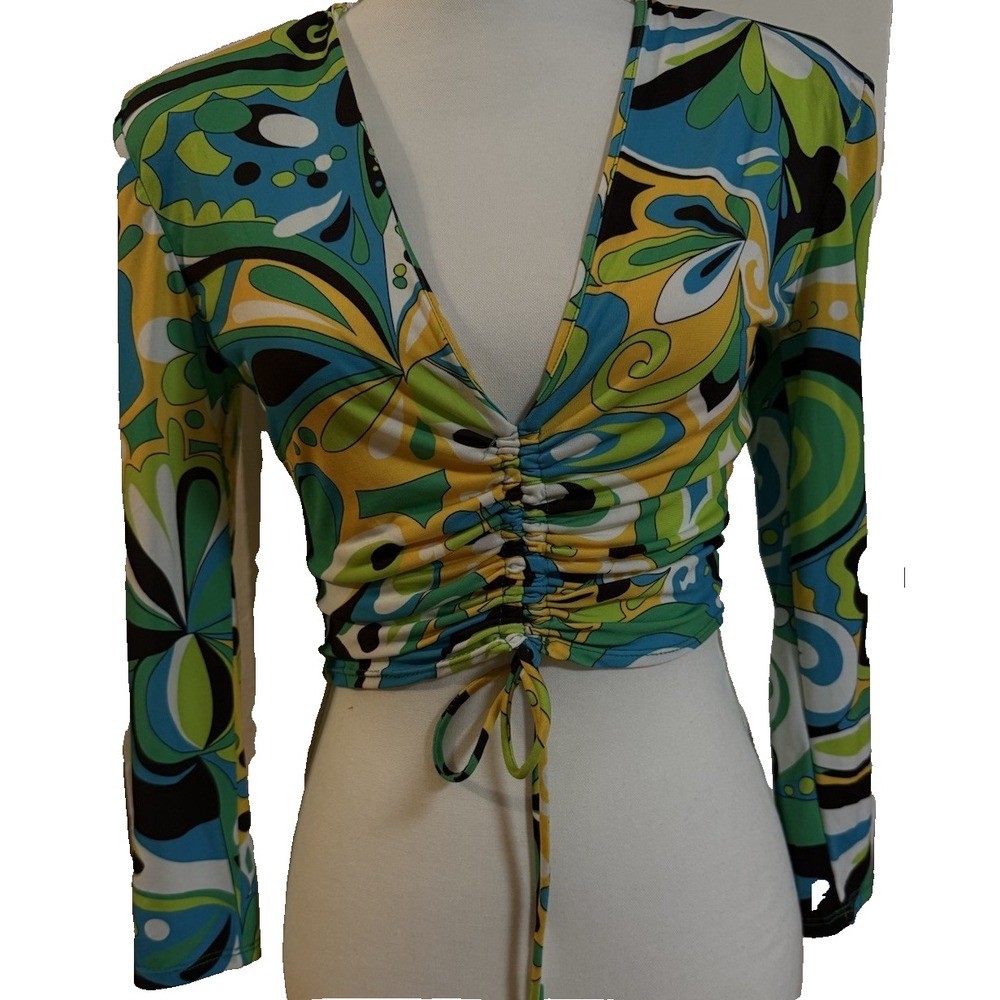 Zara Top Colorful Long Sleeve '60s Tie Front Cleavage SZ Medium Groovy Chic‎